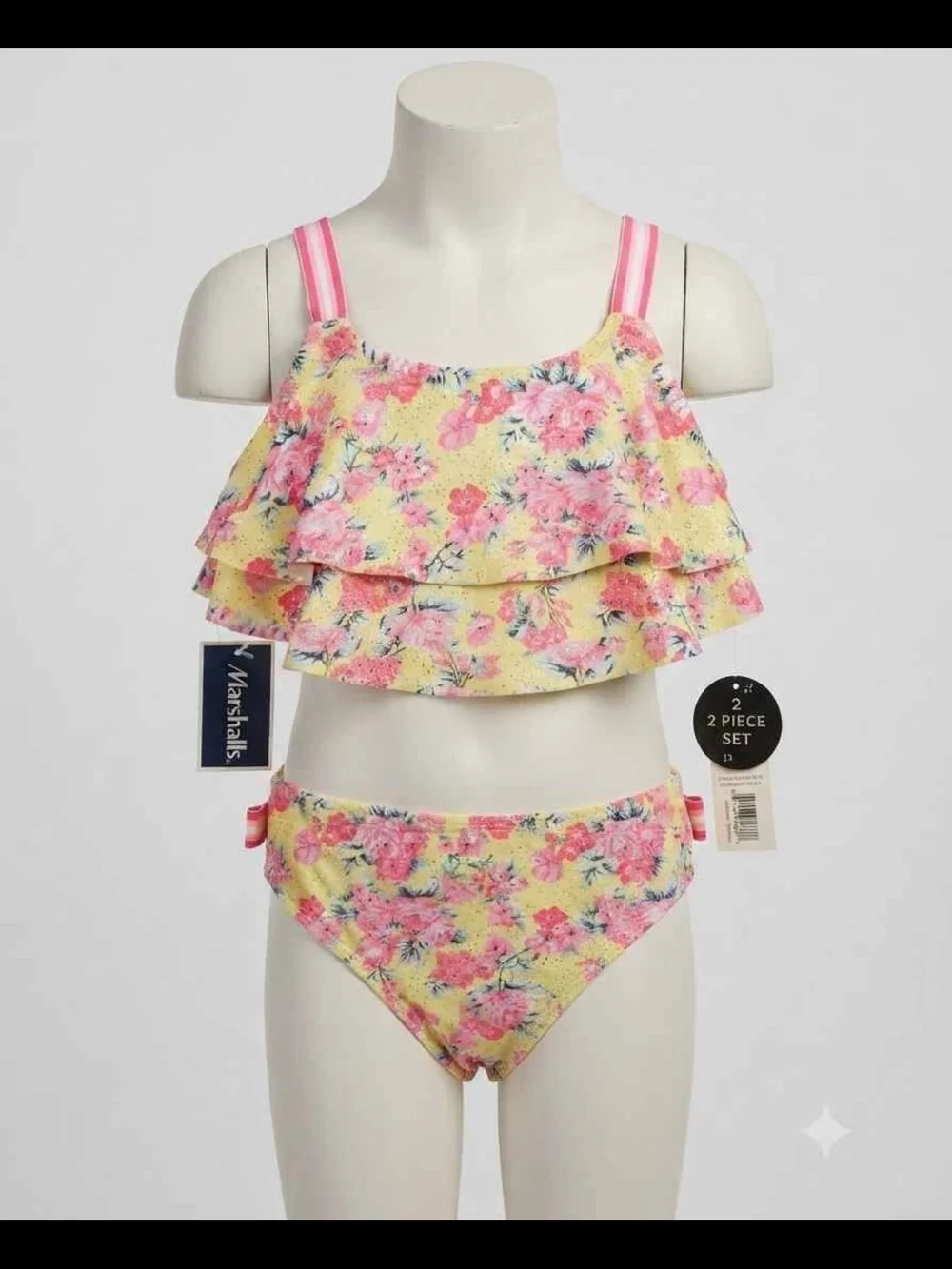 Nicole Miller Yellow Floral Ruffle Bikini with Pink Straps